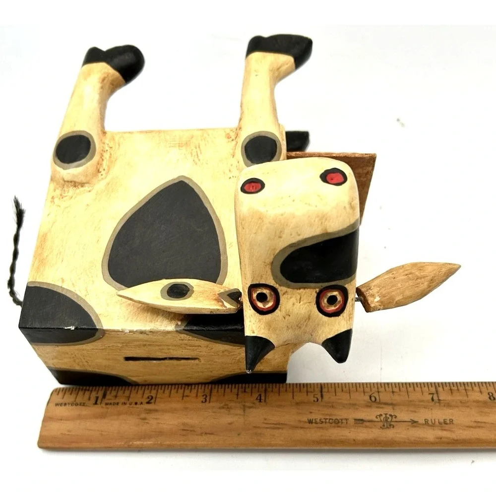 Vintage Cow Piggy Bank Hand Painted Wood Wooden 7